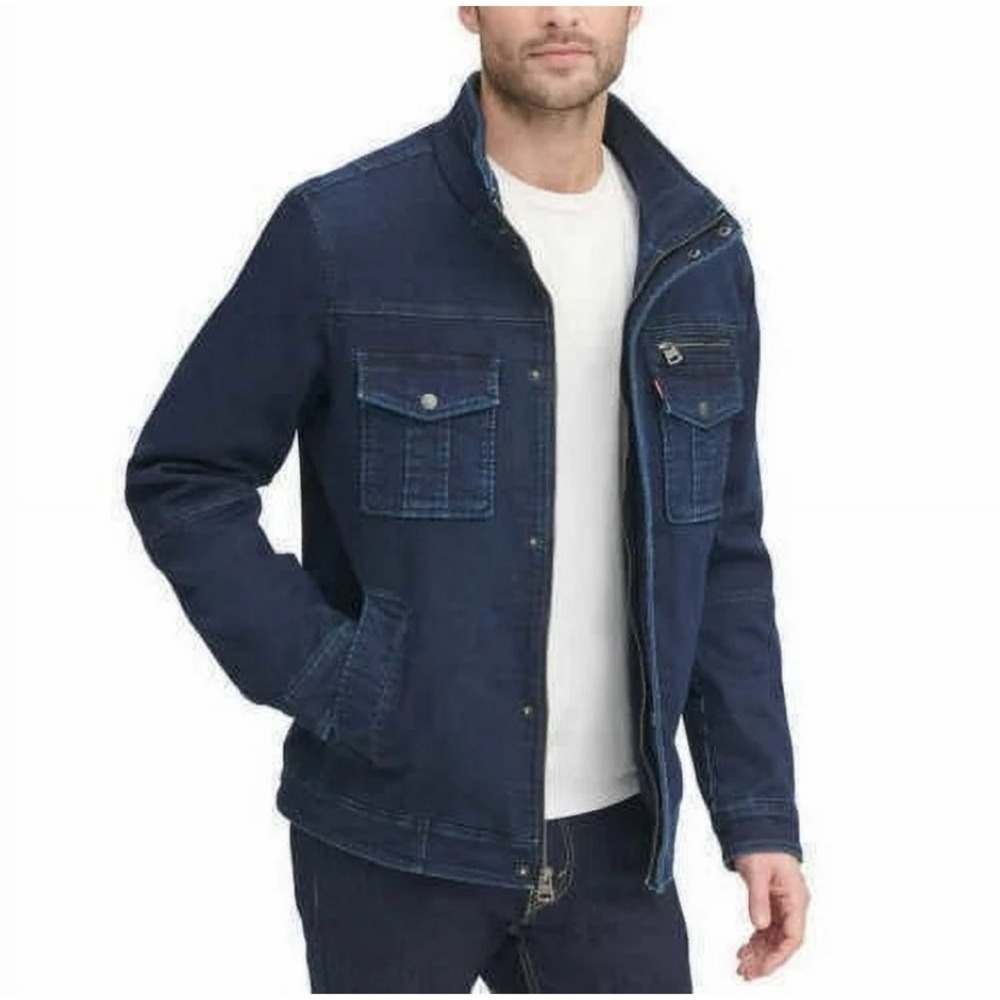 Levi's Denim Trucker Jacket XL Blue Quilted Lined Full Zip Snap Pockets EUC